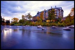 Hotel at twilight from the Eagle River